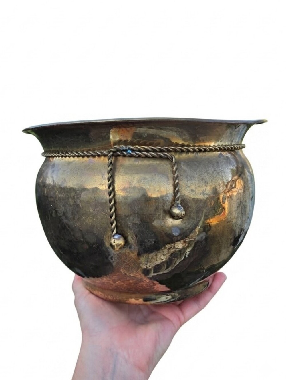 Vintage Solid Brass Planter Urn Cachepot with Rope & Tassel Trim Farmhouse Decor
